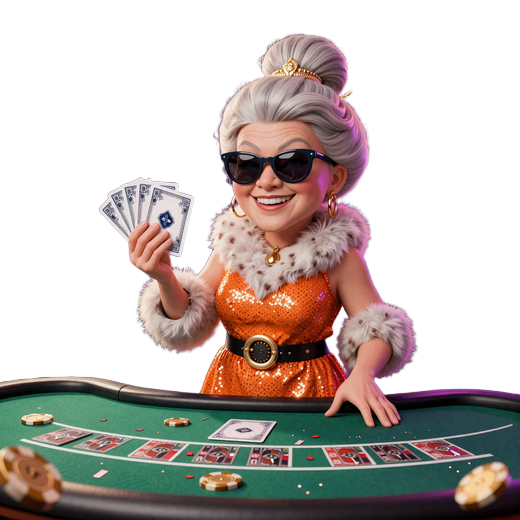 Granny Maskottchen als glamour&ouml;se Live Dealerin mit Karten am SpinGranny Casino Tisch