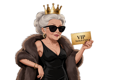 Granny mit VIP-Krone h&auml;lt Switch Club Einladungskarte SpinGranny Casino
