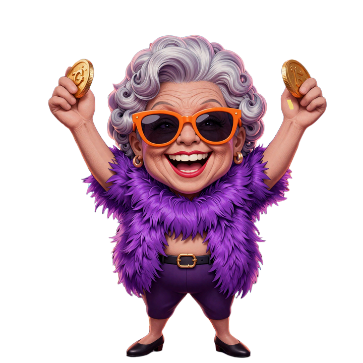 Granny Maskottchen mit Sonnenbrille feiert Slot-Jackpot mit goldenen M&uuml;nzen bei SpinGranny Casino