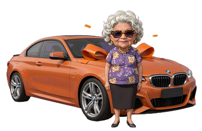 Granny steht neben orangem BMW M240i Hauptpreis Granny Box