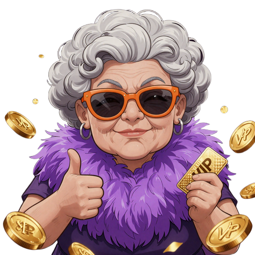 Granny zwinkert und h&auml;lt VIP-Karte im SpinGranny Casino