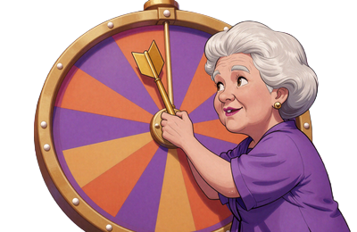 Granny dreht buntes Gl&uuml;cksrad mit Free Spins Gewinnen