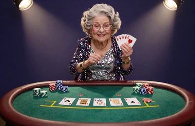 Live Blackjack Granny als Dealerin mit Karten am Tisch