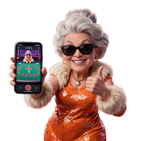 Granny zeigt Smartphone mit Live Blackjack Tisch PWA SpinGranny